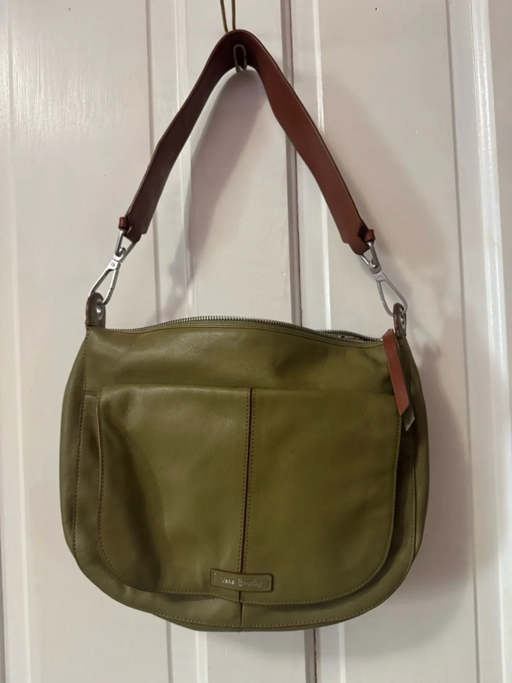Vera Bradley Olive Leather Hobo Shoulder Bag with Brown Strap